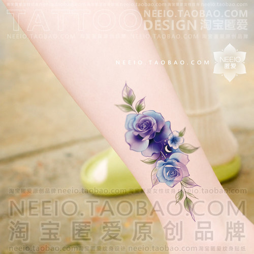 neeio蓝色玫瑰花纹身贴 清新脚踝肚皮遮盖疤痕剖腹产竖疤防水女