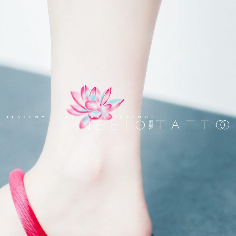 neeio纹身贴 古风幻梦莲花 小清新文艺水彩色荷花脚踝锁骨 防水女