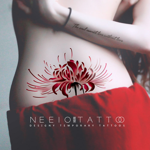 neeio原创纹身贴 彼岸花红色曼珠沙华 腰腹部大图 防水女