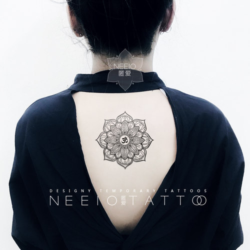 neeio纹身贴 黑色抽象莲花 OM符号个性大梵花后背 防水女