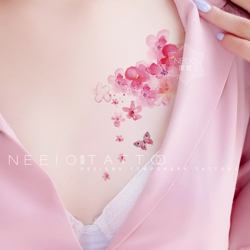 neeio纹身贴 梦幻水彩花朵蝴蝶 清新古风仙气胸锁骨桃花雨 防水女