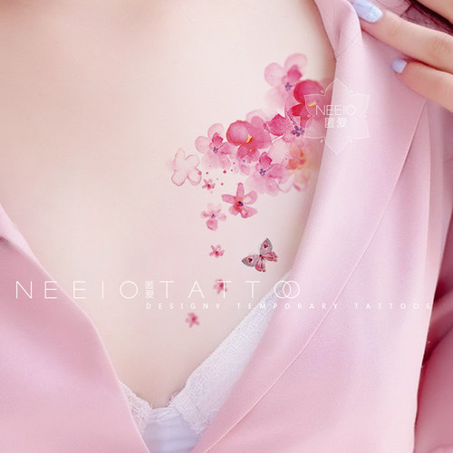 neeio纹身贴 梦幻水彩花朵蝴蝶 清新古风仙气胸锁骨桃花雨 防水女