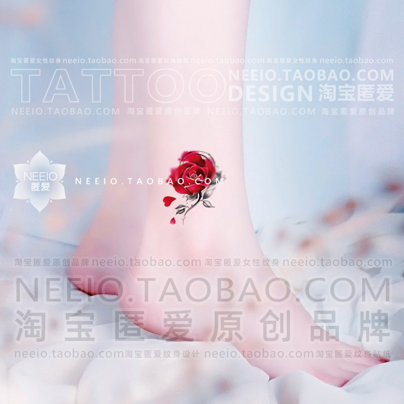 neeio红玫瑰花 性感小花朵脚踝防水持久彩色纹身贴女文身tattoo