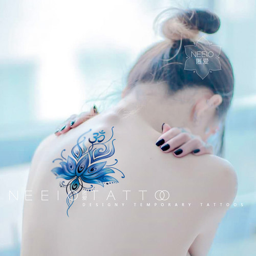 neeio纹身贴 新版神圣蓝莲花图腾 瑜伽OM符号后背脊柱大图 防水女
