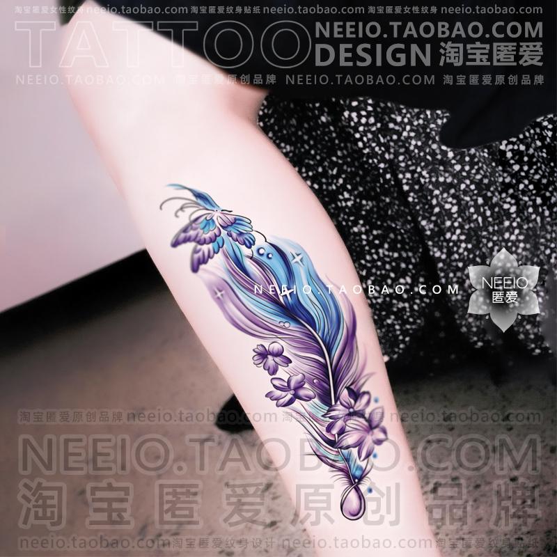 neeio纹身贴 蓝色花朵蝴蝶蝶羽毛腹部肚子小腿遮盖疤痕性感防水女