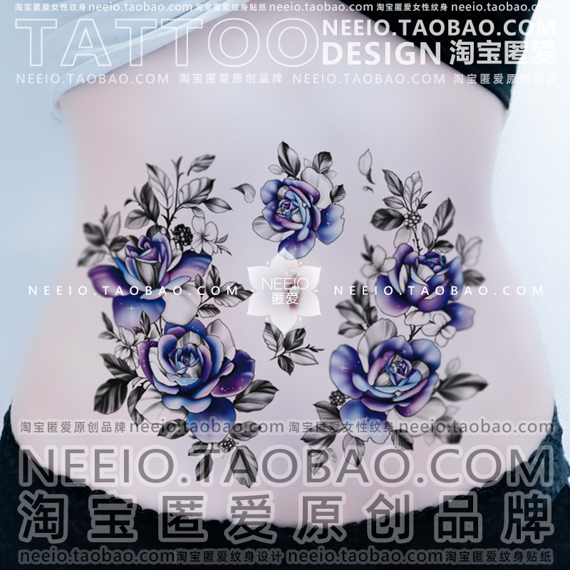 neeio纹身贴 原宿玫瑰花套装 遮盖花腿腹部妊娠纹疤痕大图防水女