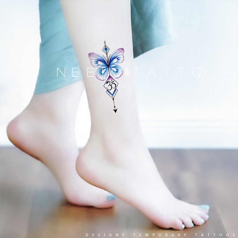 neeio原创纹身贴 圣音蓝色蝴蝶 瑜伽梵文om符号脚踝腿颈后 防水女