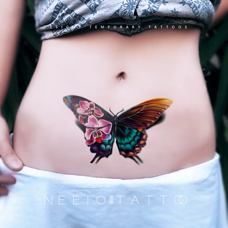 neeio纹身贴 梦幻彩色蝴蝶大图 性感腰肚子遮挡剖腹产疤痕 防水女