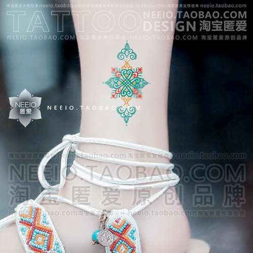 neeio敦煌风梵花 高级个性线条纹身贴脚踝手腕防水女