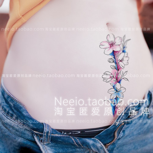 neeio纹身贴彩色水墨花朵藤蔓 性感小肚子遮挡剖腹产竖疤痕防水女