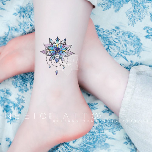 neeio纹身贴 圣域莲花 蓝色梵花仙气荷花珠宝脚踝 防水女