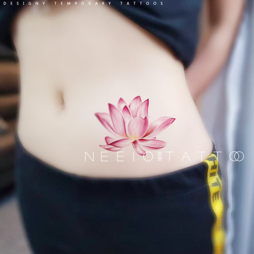 neeio纹身贴 荷韵双栖 古风性感红色莲花腰腹肚子遮挡疤痕 防水女
