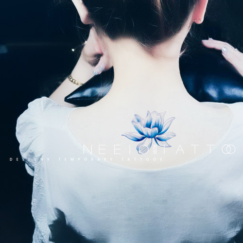 neeio纹身贴 梦幻蓝色莲花 古风清新荷花瑜伽颈后脚踝 防水贴纸女