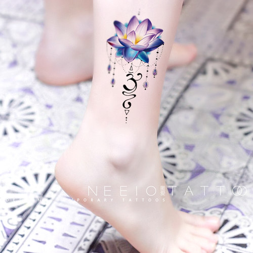 neeio纹身贴 蓝色莲花 睡莲OM符号脚踝小腿荷花 防水女