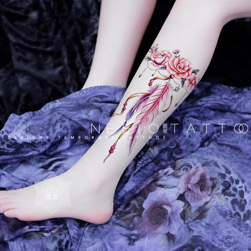neeio纹身贴 超仙玫瑰花羽毛珠宝 INS风小腿部彩色大图防水持久女