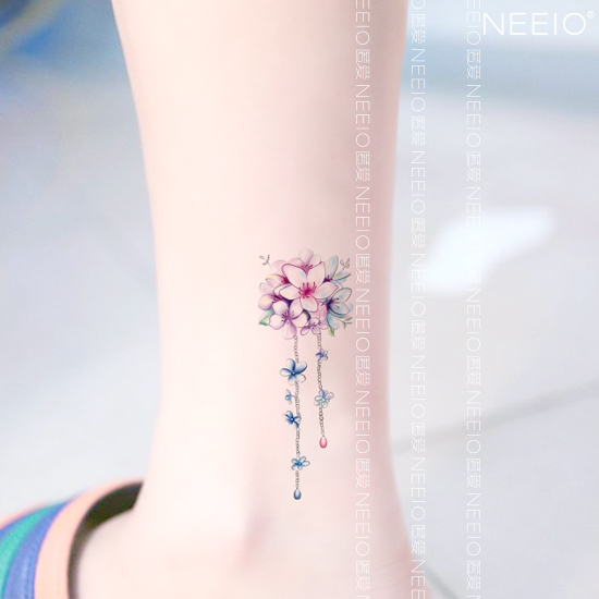 neeio原创纹身贴 步摇花 古风清新彩色花球流苏珠宝链 脚踝防水女