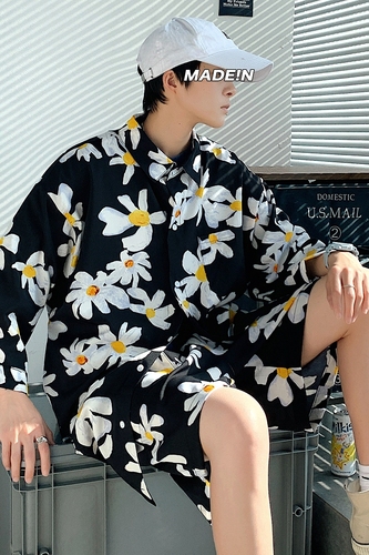 2021 summer loose floral 5 / s shirt Half Sleeve Shirt Shorts 5 / s ice silk suit