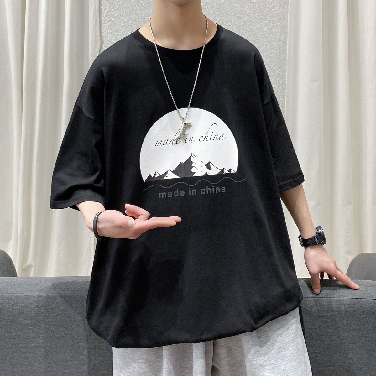 2021 summer couple landscape painting loose short sleeve student T-shirt dark black