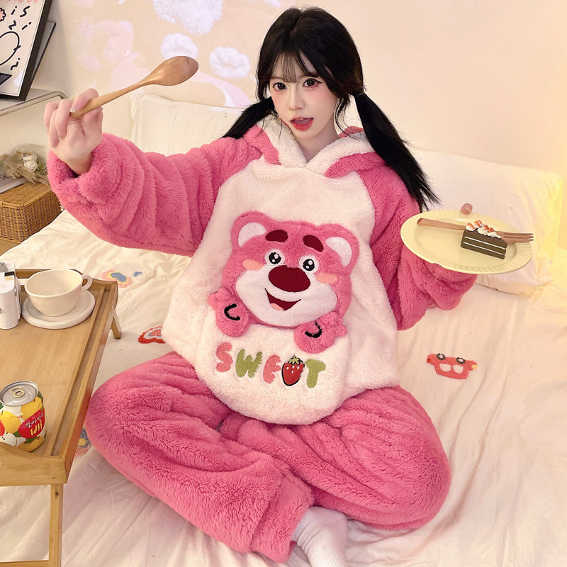珊瑚绒卡通睡衣女士加大码加厚加绒长毛绒韩版肥码少女套装家居服