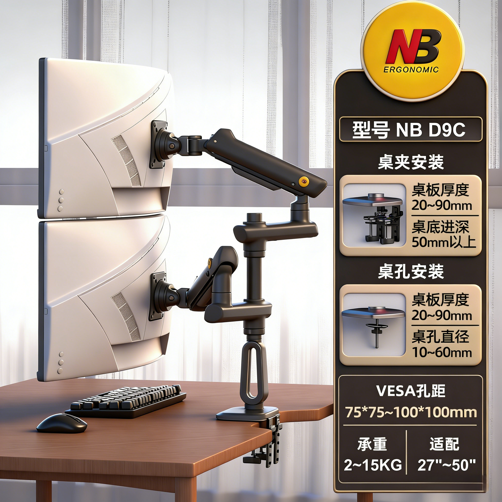 NB D9C 双屏立柱支架显示器屏幕支架nb机械臂桌面增高架 27-50寸