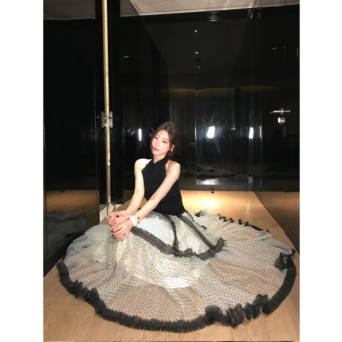 卢媛儿 重工高密网纱植绒点蓬蓬半身裙女夏季中长款a字裙子蛋糕裙