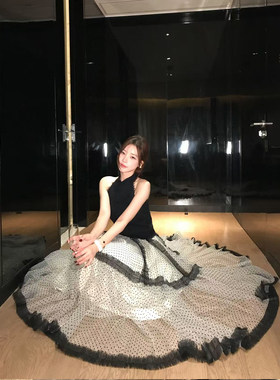 卢媛儿 重工高密网纱植绒点蓬蓬半身裙女夏季中长款a字裙子蛋糕裙