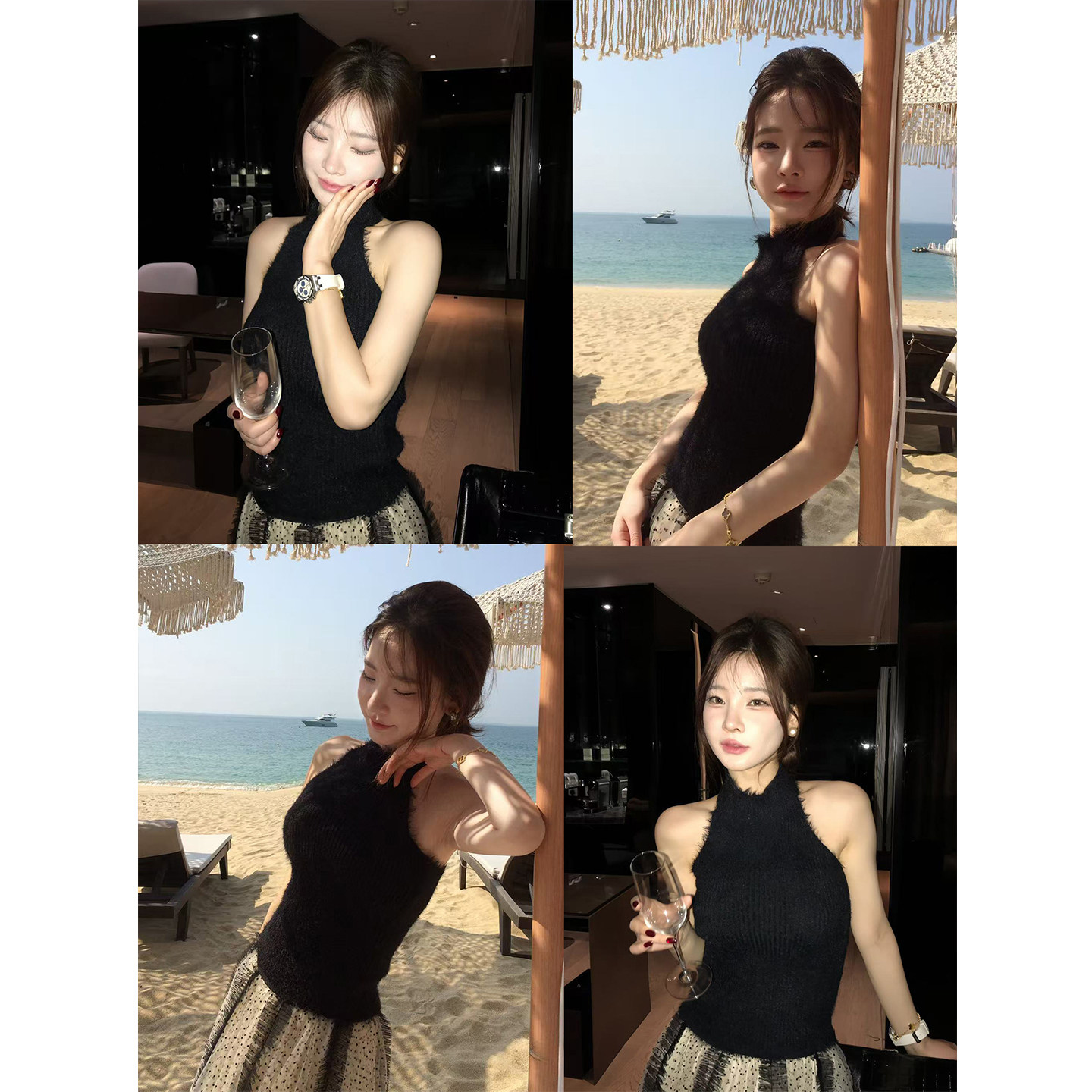 卢媛儿纯欲辣妹风挂脖针织吊带背心女两穿早春仿貂毛修身内搭上衣