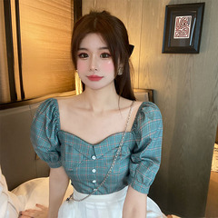 Real price Plaid shoulder Lantern Sleeve short sleeve shirt