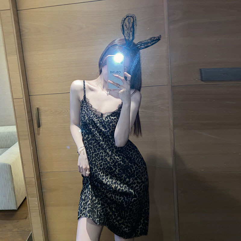 Real price pure desire wind leopard pattern stitching LACE SLING DRESS