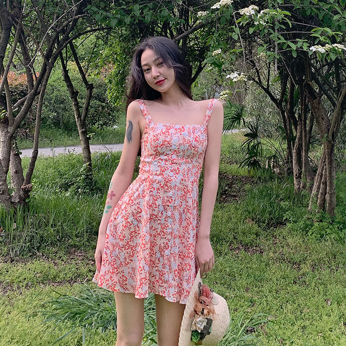 Real price orange glazed floral print high waist slim slim suspender dress