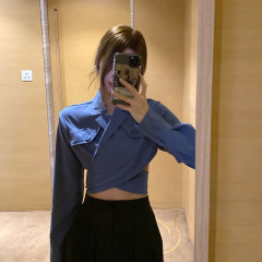 Real shot, real price, design, cross waist, chest, navel, long sleeve sweater, slim long sleeve back T-shirt