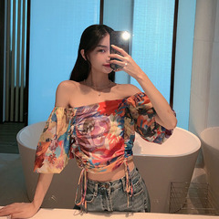 Real shot real price retro oil painting floral bubble sleeve drawstring chiffon shirt one neck bra print T-shirt