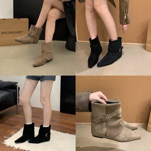 2025秋季新款绒面女靴复古尖头粗跟短靴女百搭显瘦马丁靴女靴子潮