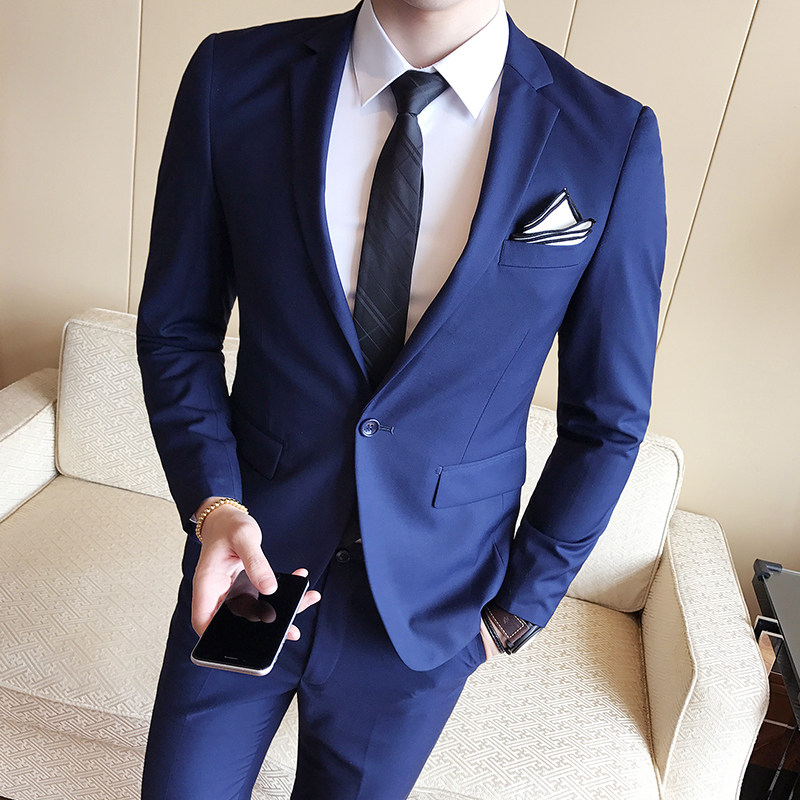 男士黑色西服西裤职业正装纯休闲两扣西装套装新郎婚礼礼服三件套,男装西服套装,星座1607