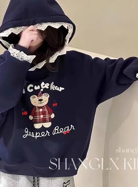 女童小熊加绒连帽卫衣潮中大童秋冬新款韩版宽松慵懒百搭长袖