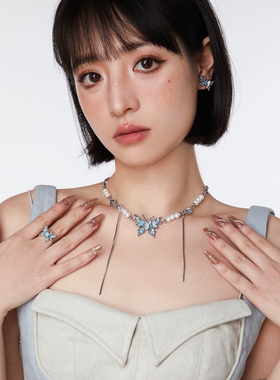 TRAP陷阱蓝色蝴蝶锁骨链女流苏珍珠项链轻奢小众甜酷风设计感颈链