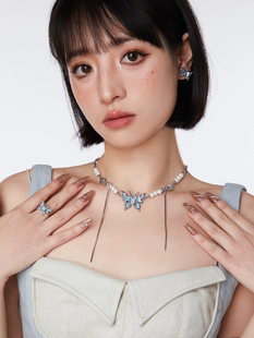 TRAP陷阱蓝色蝴蝶锁骨链女流苏珍珠项链轻奢小众甜酷风设计感颈链