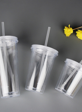 可循环使用双层塑料咖啡杯奶茶杯子随行透明吸管杯外带冰美式水杯