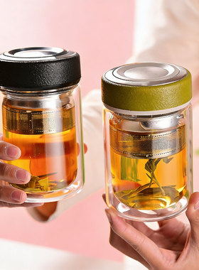 双层高硼硅玻璃水杯泡茶隔热茶隔办公室家用透明带盖迷你口袋杯子