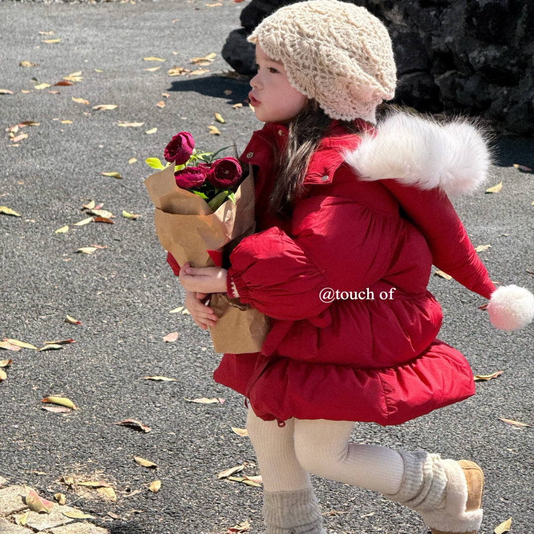 25冬季红色连帽毛领棉服女童加厚中长款外套百搭面包服羽绒服外套