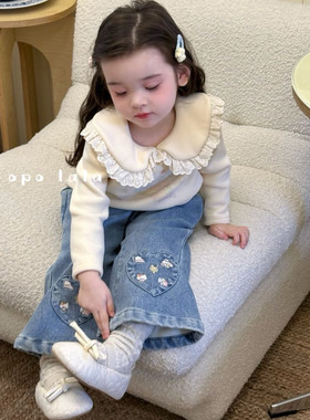 2025深秋冬女加绒外套儿童洋气可爱翻领夹棉外套77022牛仔裤77099