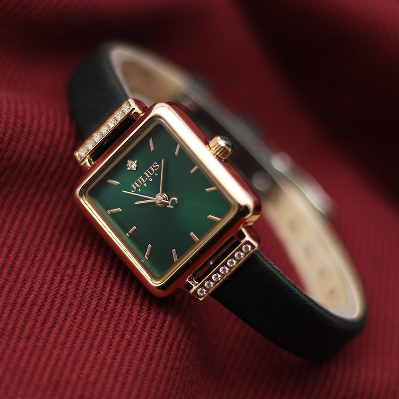 julius聚利时手表女学生真皮复古小方表时尚小绿表小众防水石英表