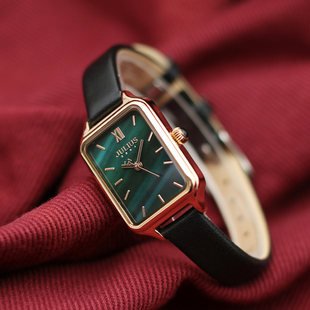 聚利时手表女正品 初高中学生轻奢方形小绿表高级复古休闲石英表