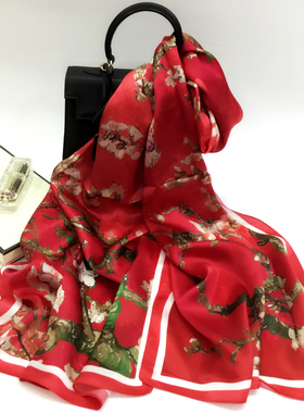 真丝围巾女丝巾旗袍披肩外搭送礼红色马年本命年妈妈礼物桑蚕丝