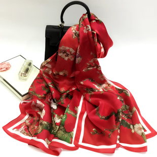 真丝围巾女丝巾旗袍披肩外搭送礼红色马年本命年妈妈礼物桑蚕丝