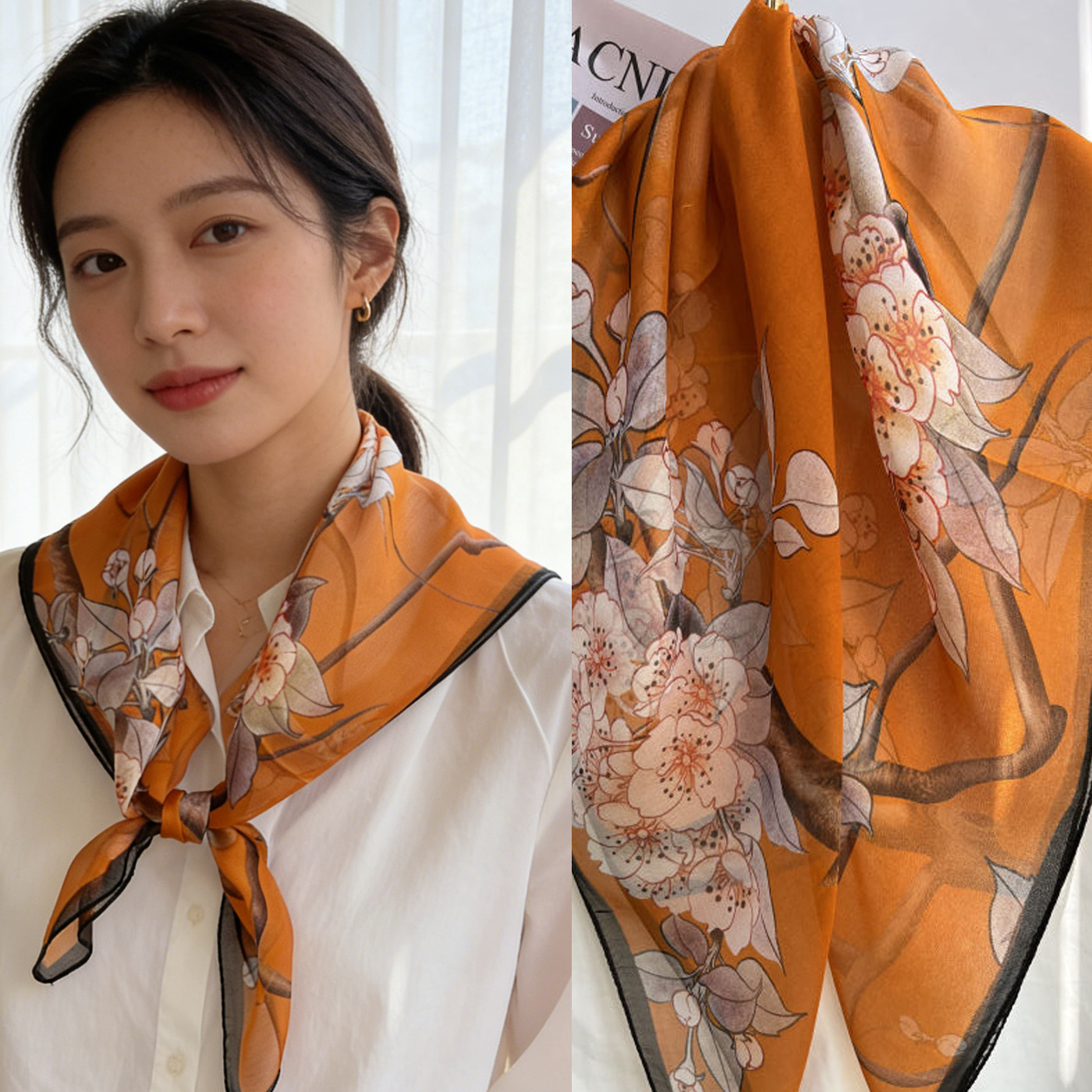 上海故事真丝小方巾女65x65cm夏季系脖小丝巾橙色高级感装饰围巾