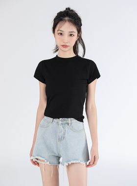 Sparrow Lab美式正肩t恤黑色短袖女夏季显瘦圆领棉基础款打底上衣