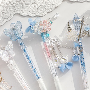 新款 高颜值ins风蝴蝶水笔仙女风黑色水性笔刷题笔 手作流沙中性笔