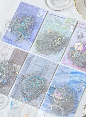 森屿暖树银光浮梦PET立体贴纸 复古手绘图案手账谷美装饰拼贴贴画
