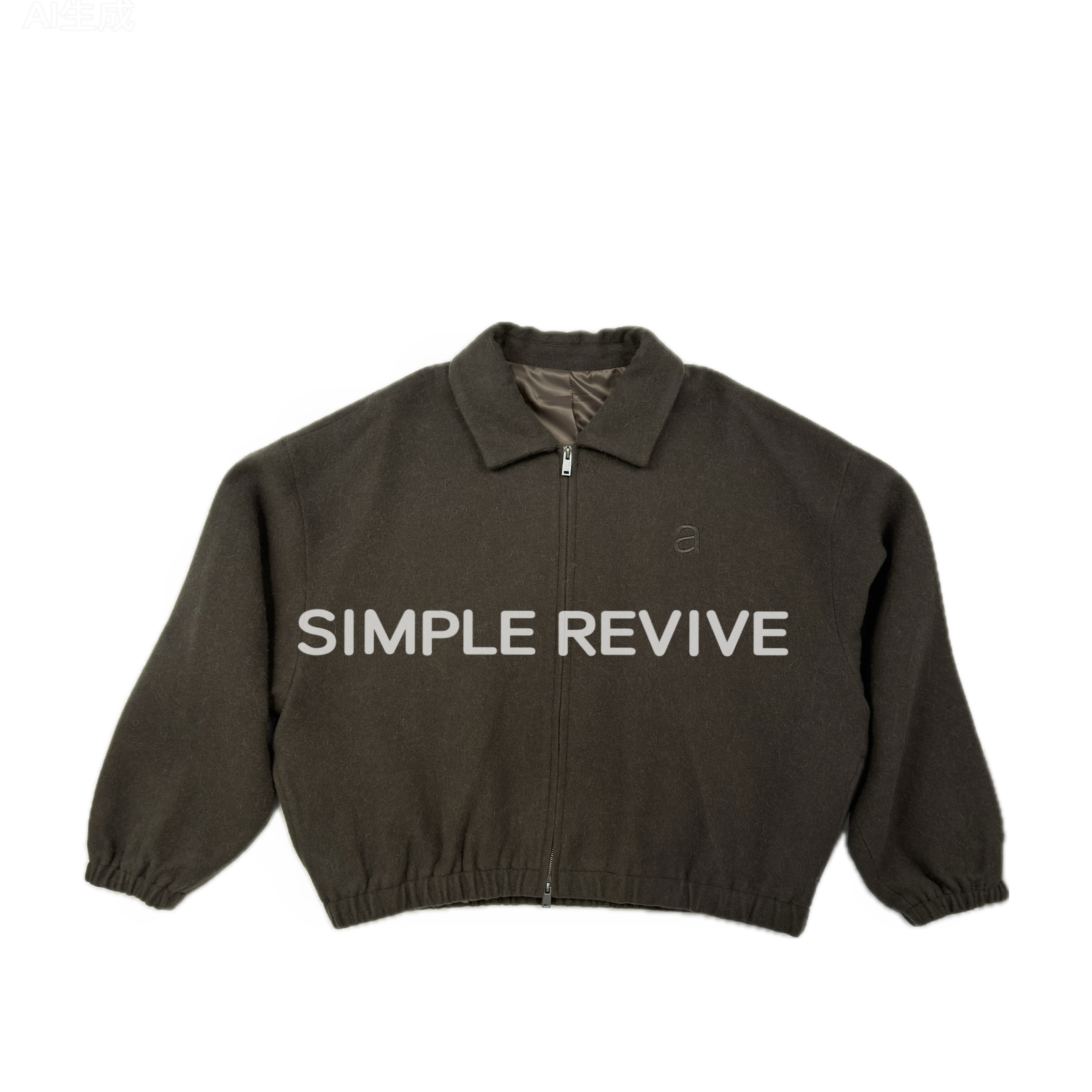 黑标刺绣羊驼毛呢开衫拉链夹克